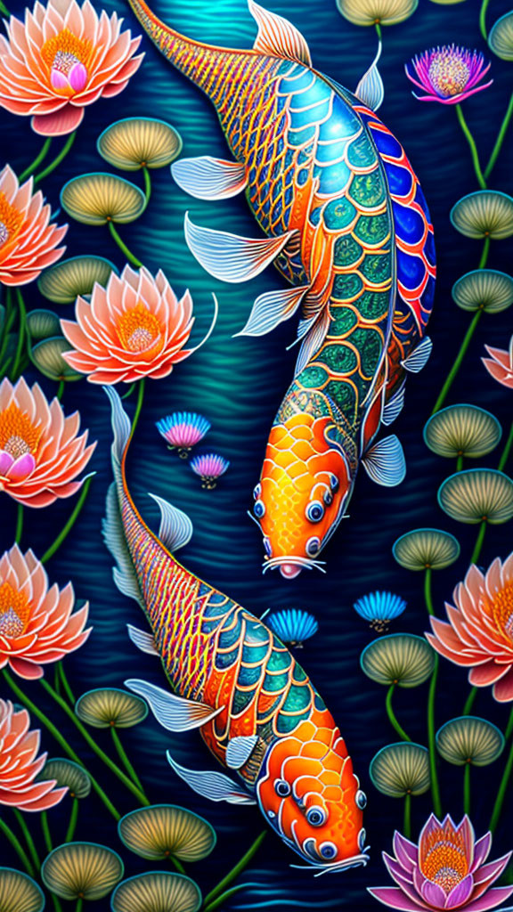Colorful Koi Fish and Lotus Flowers in Vibrant Illustration