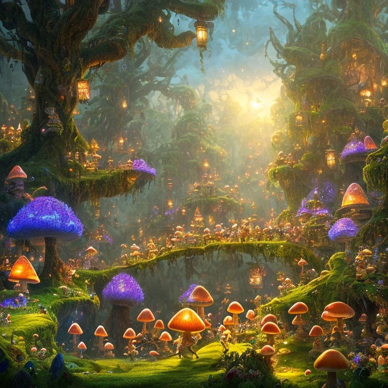 Enchanting forest with oversized glowing mushrooms and mystical trees