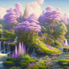 Colorful landscape with waterfalls, lush flora, and pink crystals