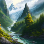 Vibrant green hills, whimsical trees, misty mountains under bright sky