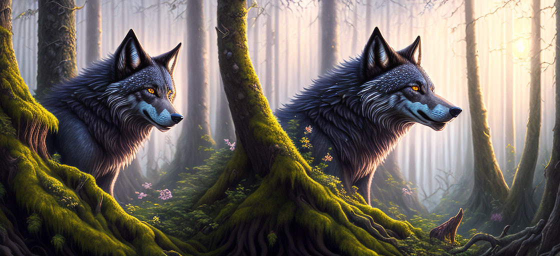 Blue-eyed wolves in mystical forest with sunbeams and intricate flora