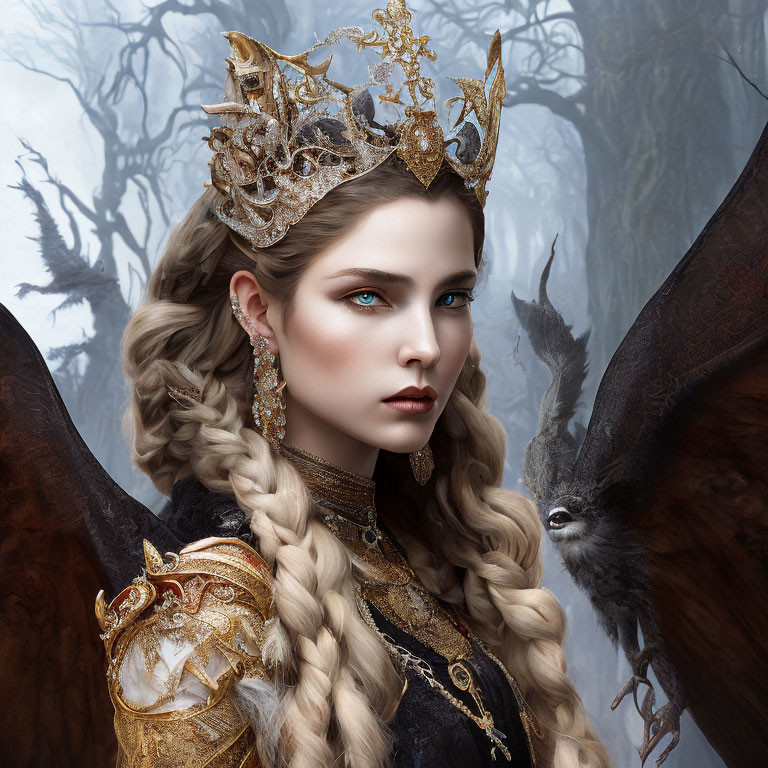 Ethereal woman with golden crown in foggy forest with mystical creatures
