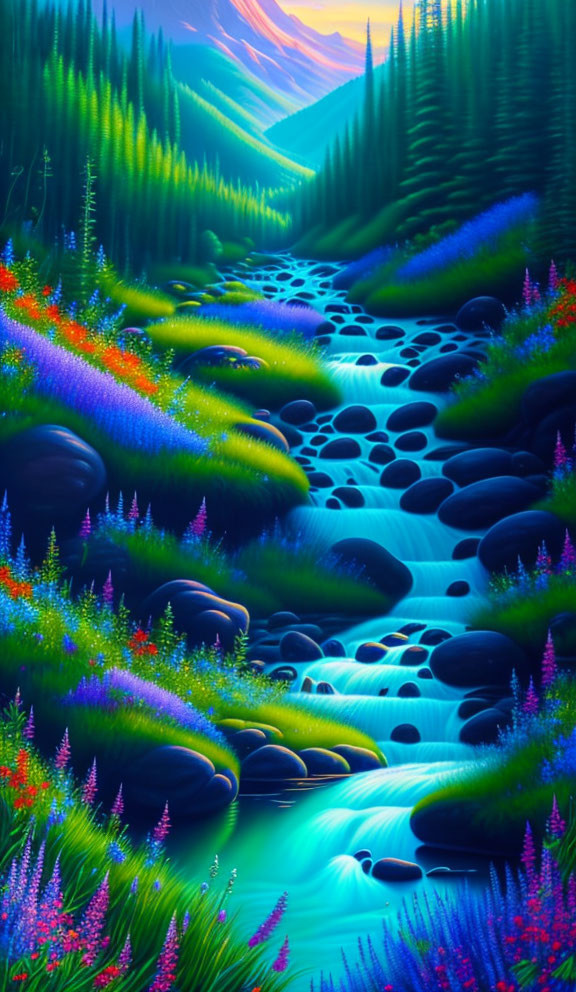 Surreal landscape with blue stream and pine trees at sunrise or sunset