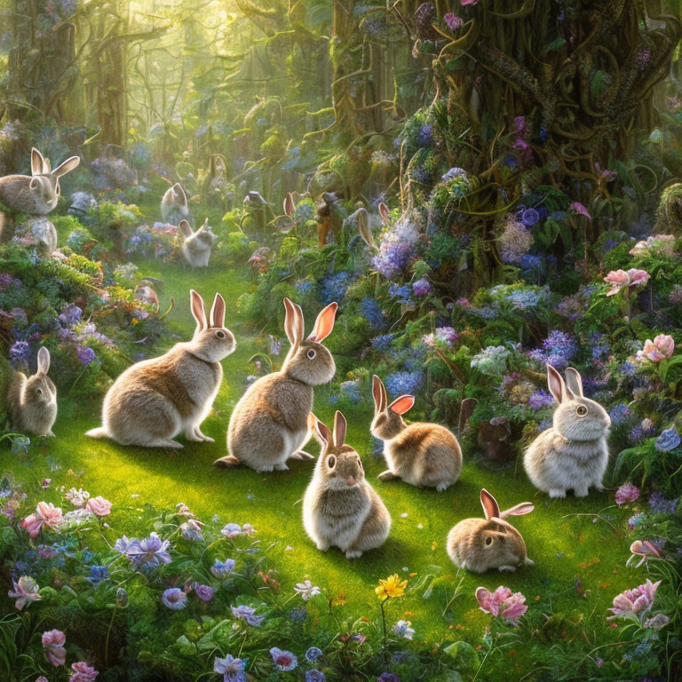 Enchanting forest glade with rabbits, flowers, and sunlight.