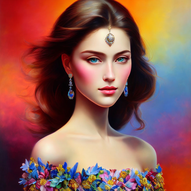 Portrait of Woman with Striking Blue Eyes and Elegant Adornments on Colorful Background