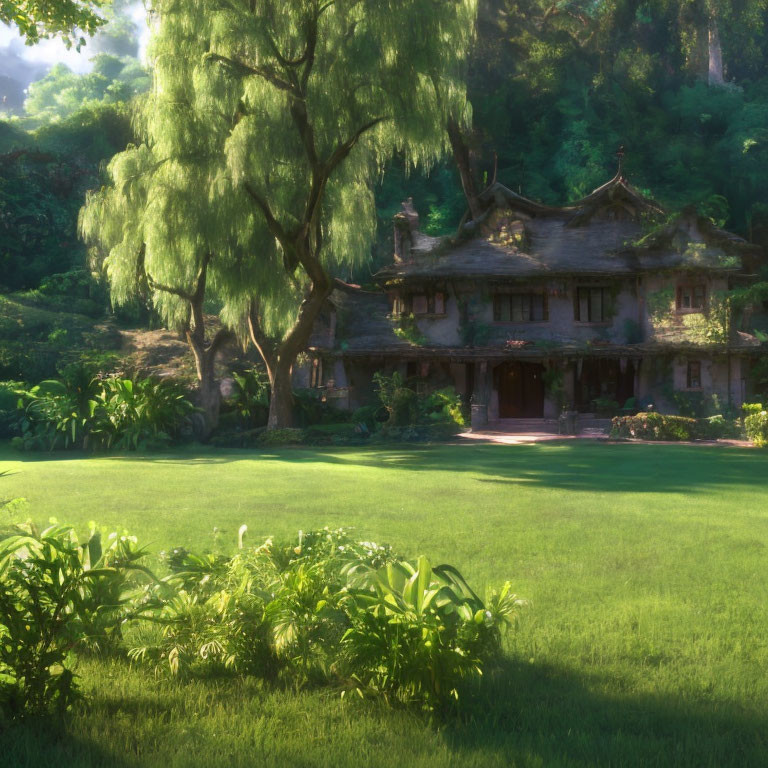 Sunlit old cottage surrounded by lush foliage and grand willow tree