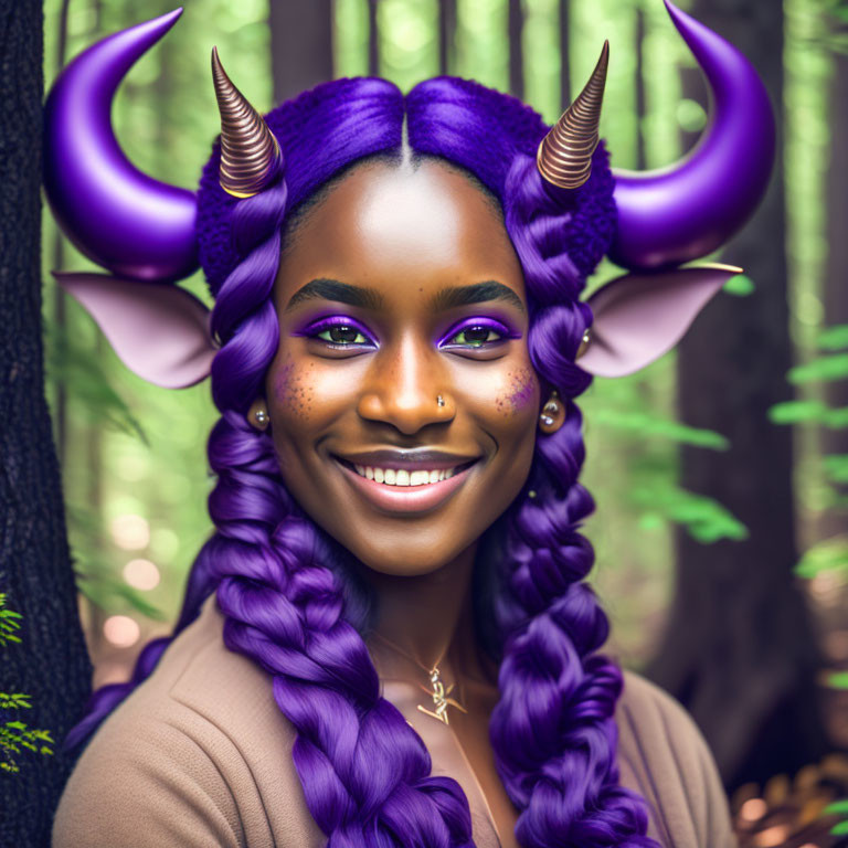 Purple-skinned woman with horns in forest setting portrait.