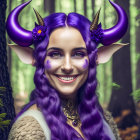 Purple-skinned woman with horns in forest setting portrait.