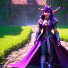 Fantasy artwork of female character in dark armor with purple hair and horns in magical forest.