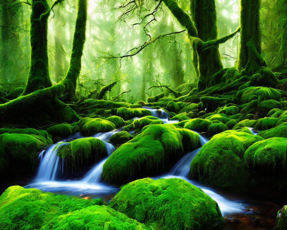 Tranquil forest scene with moss, stream, and sunlight.