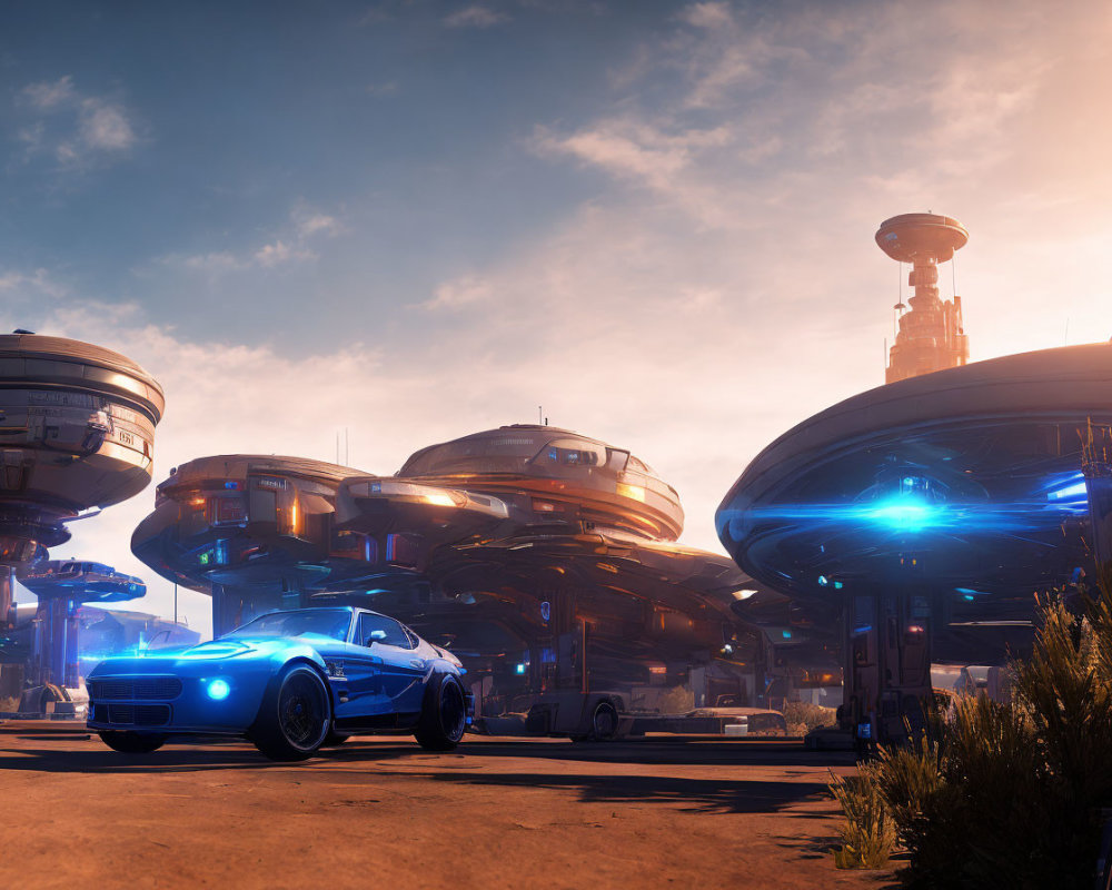 Futuristic blue sports car in front of advanced hovering buildings at sunrise/sunset