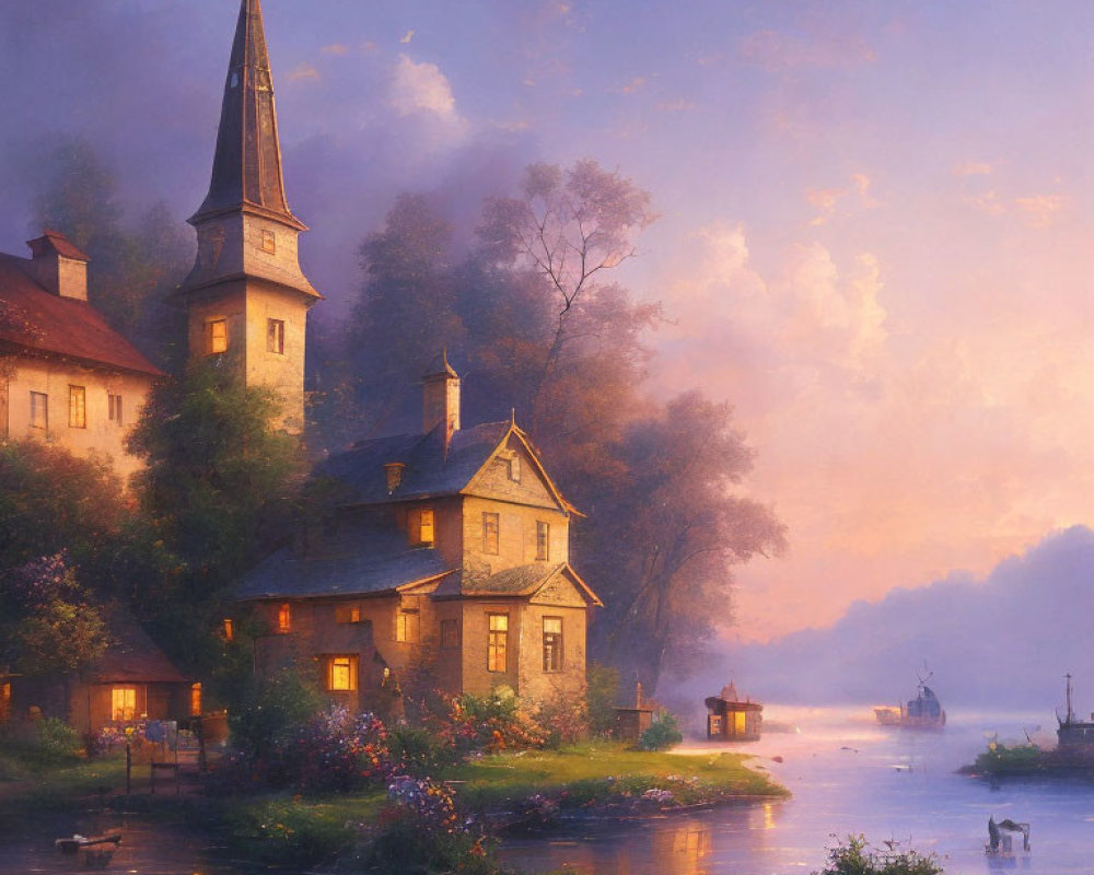 Riverside village at sunset with spire, lit houses, greenery, boat