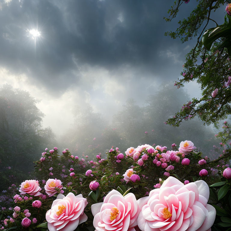 Mystical garden with pink and white flowers under dramatic sky