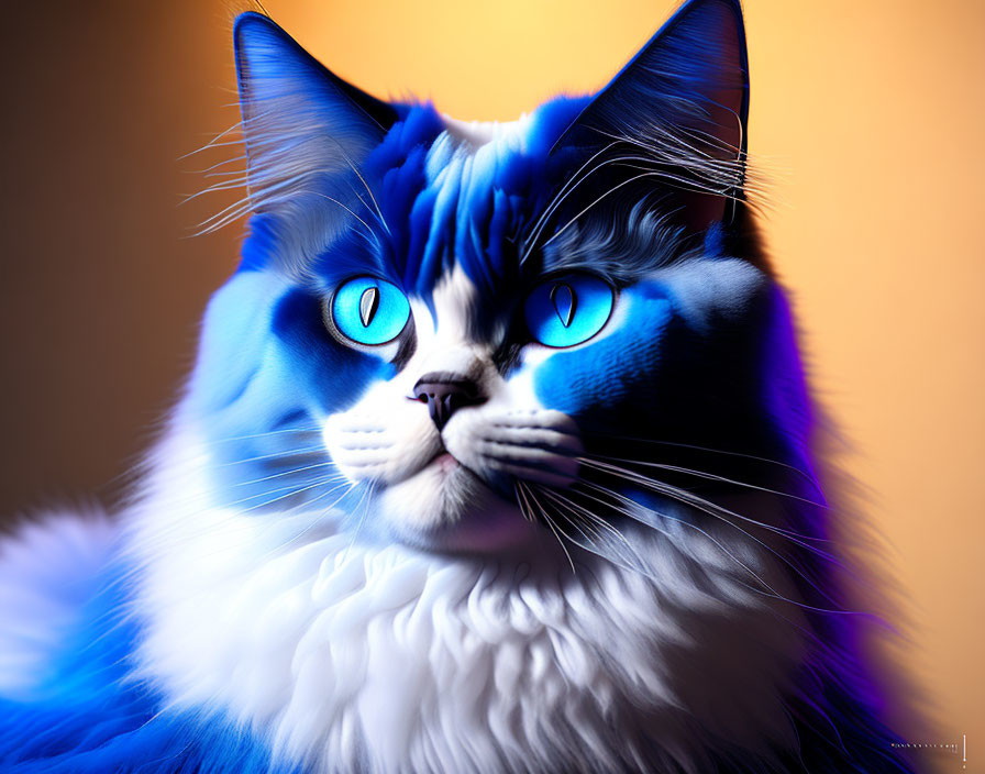 Illustrated blue-and-white fluffy cat with blue eyes on orange background
