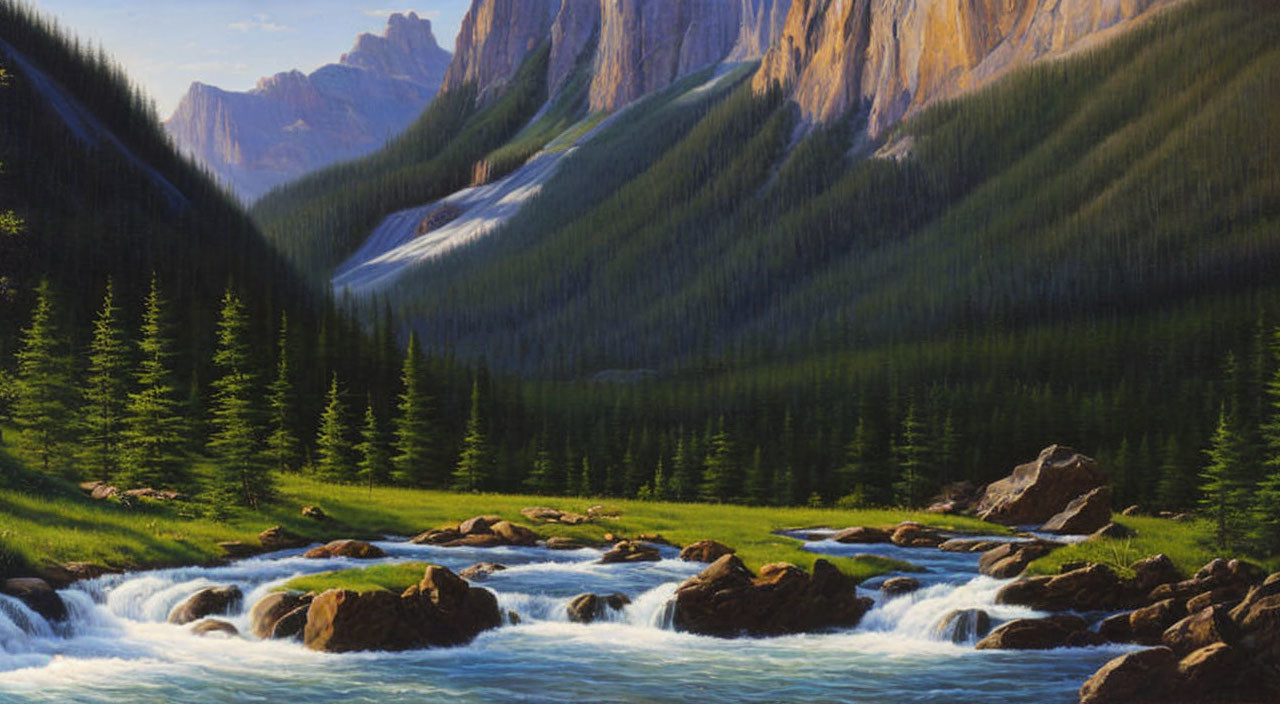 Scenic mountain landscape with stream, pine trees, and peaks