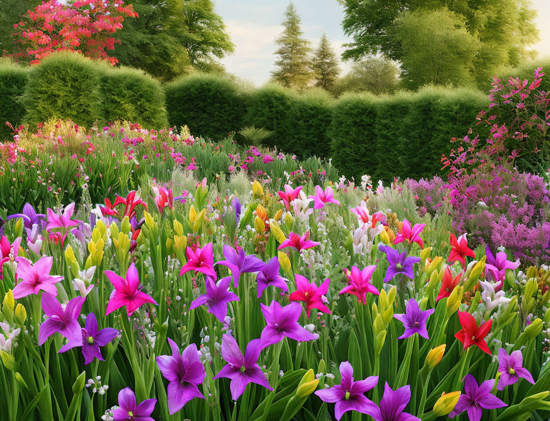Colorful Blooming Garden with Lush Greenery and Trees
