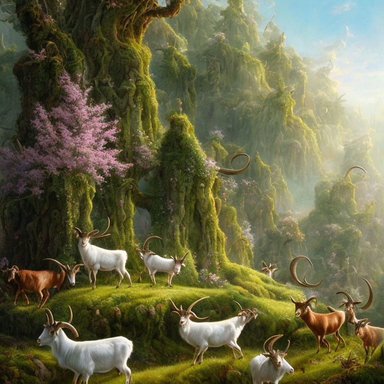 Spiraled horned goats grazing in lush green landscape