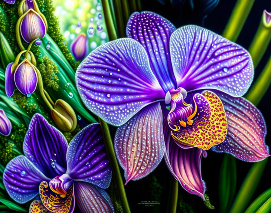 Colorful digital artwork featuring purple and yellow orchids on a green backdrop