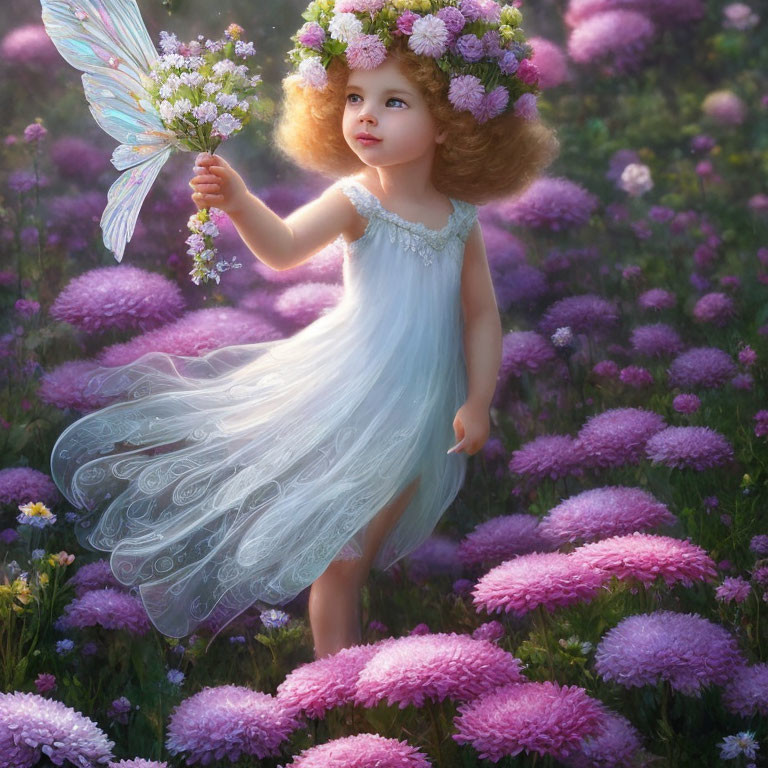 Child with angelic wings in white dress among purple flowers
