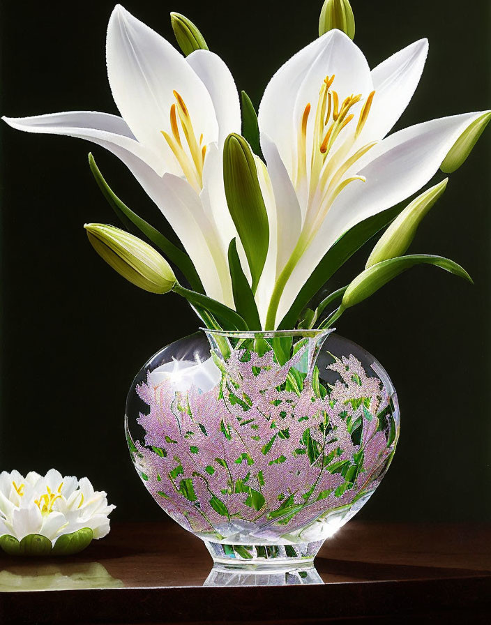 White lilies with yellow stamens in etched glass vase on dark background