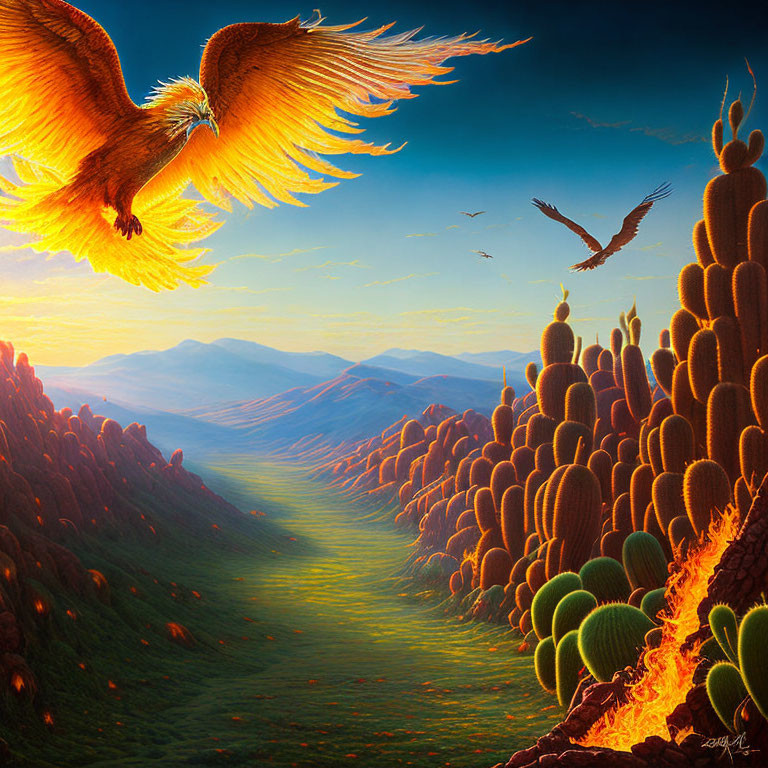Mythical phoenix flying over valley with orange cacti and lava stream