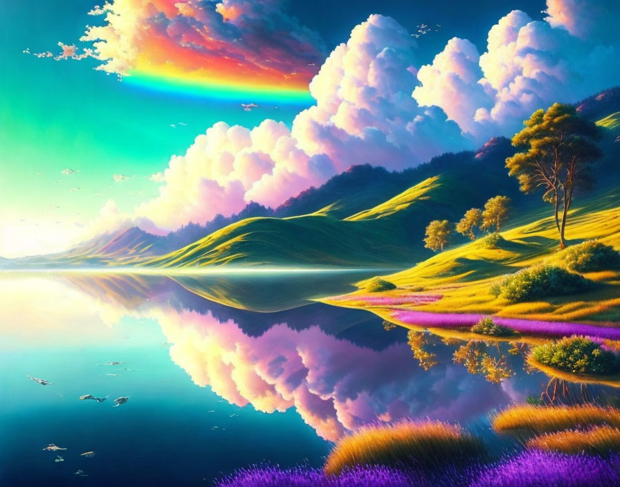 Colorful Rainbow Over Green Hills and Reflective Lake in Serene Landscape