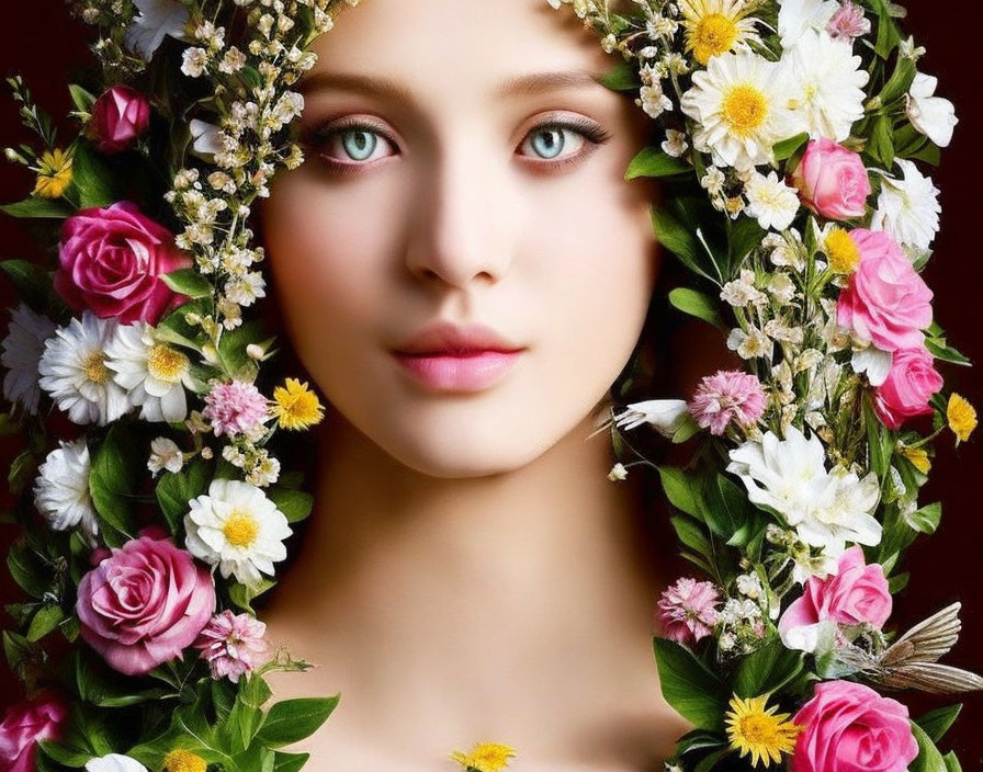 Fair-skinned woman with pink rose wreath and flowers, soft pink lips and blue eyes