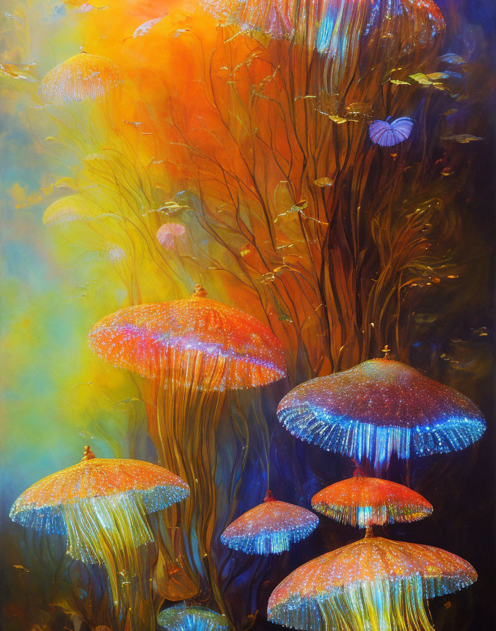 Vibrant jellyfish painting on orange and blue gradient background