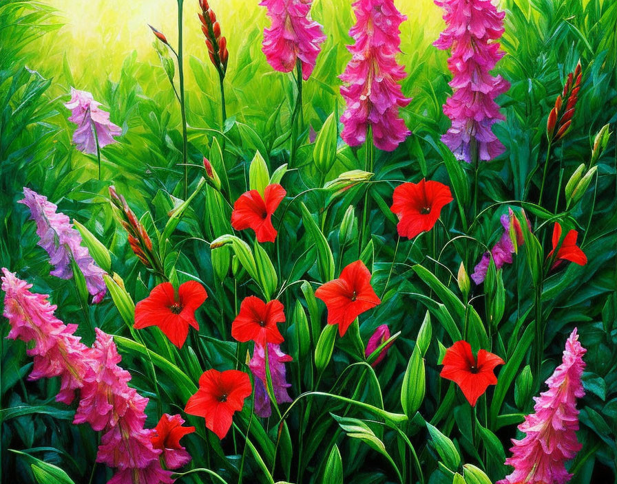 Lush garden with red hibiscus and pink gladiolus in soft sunlight
