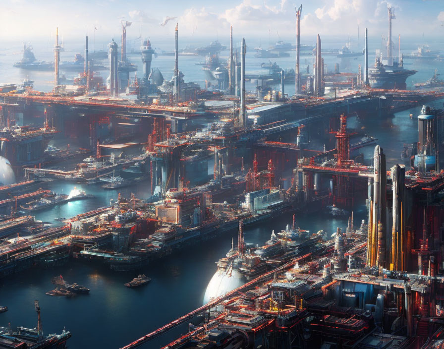 Futuristic harbor with towering structures and ships under sunlight