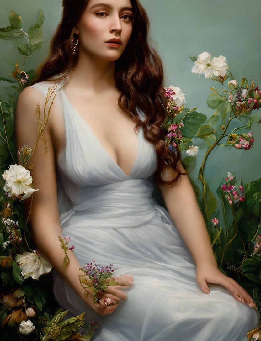 Woman in white dress surrounded by blooming flowers, brown hair cascading.