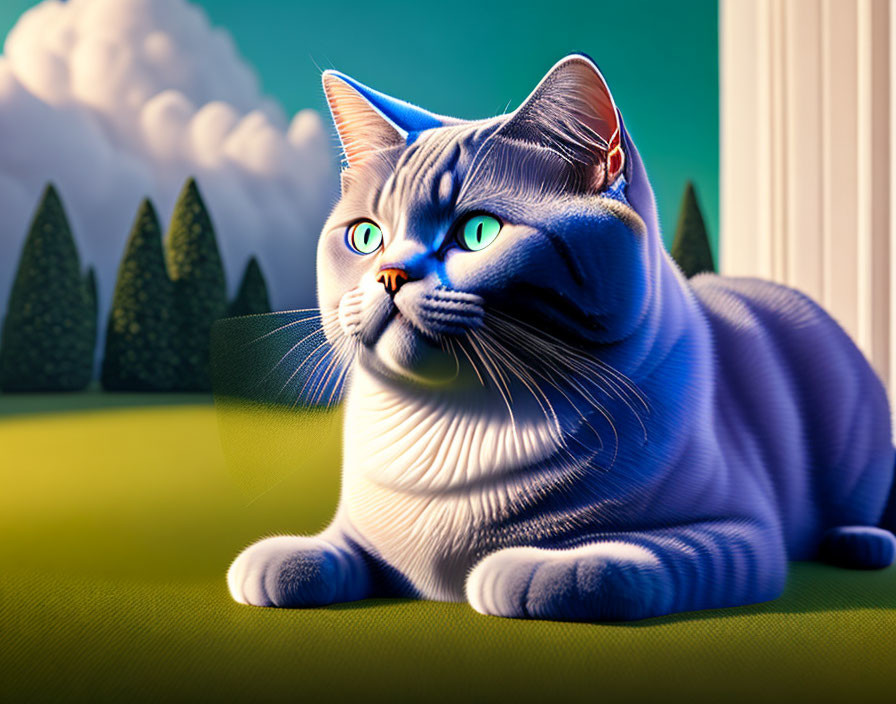 Large blue-eyed cat 3D illustration on grassy field with stylized backdrop.