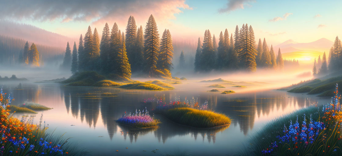 Tranquil sunrise scene at misty lake with pine trees, wildflowers, and mountains