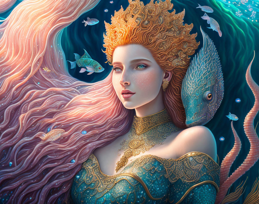Mermaid Queen with Gold Crown and Armor in Vibrant Undersea Setting