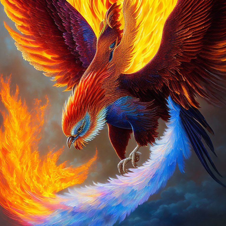 Colorful Phoenix Flying Through Flames with Vibrant Plumage