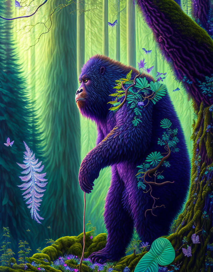 Colorful gorilla in mystical forest with butterflies & ethereal light