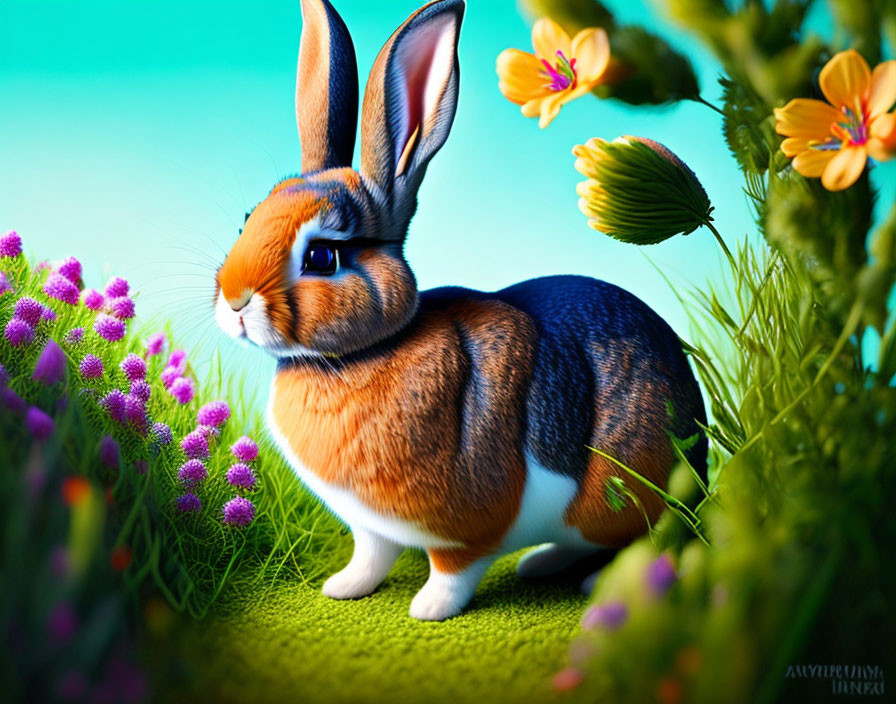 Vibrant digital artwork featuring rabbit in colorful setting