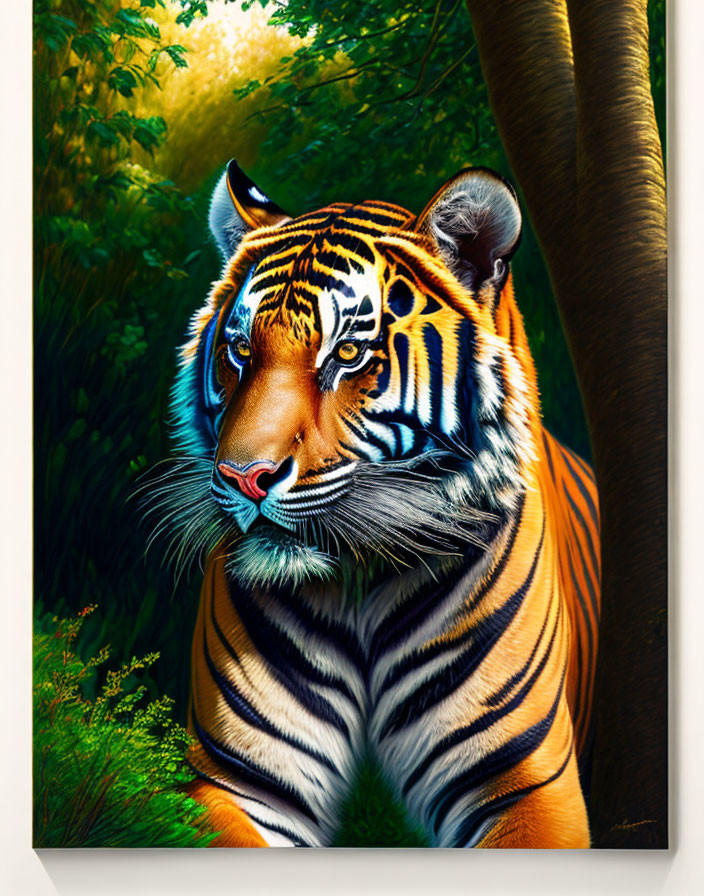 Colorful Bengal Tiger Painting in Lush Forest Setting