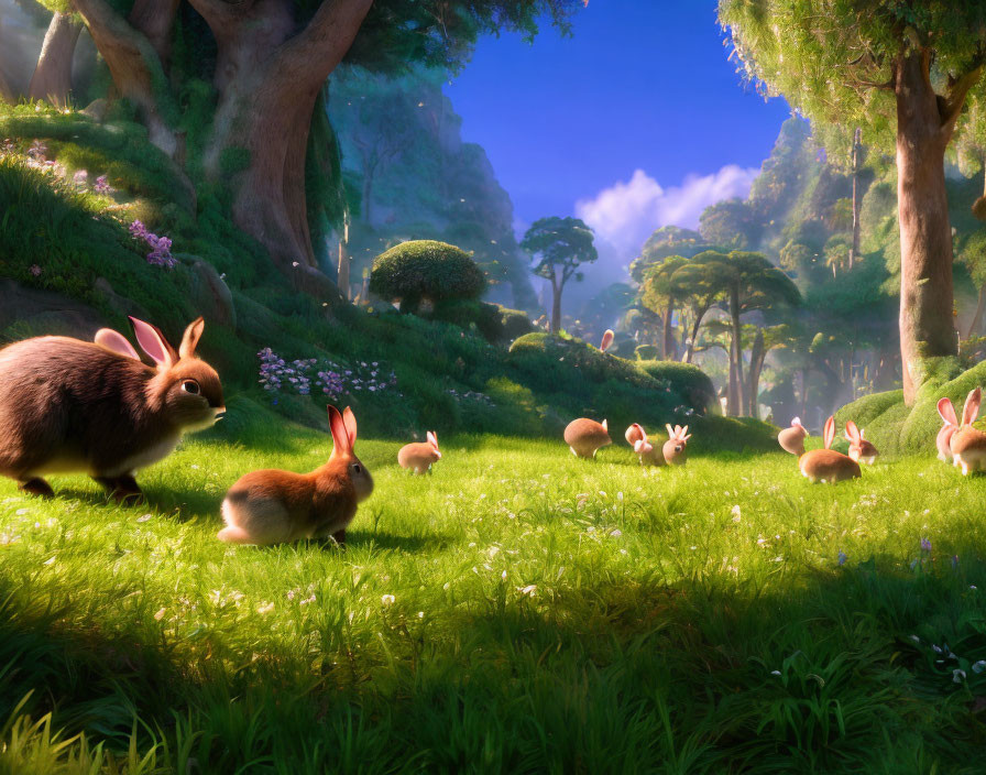 Tranquil Forest Glade with Rabbits and Flowers