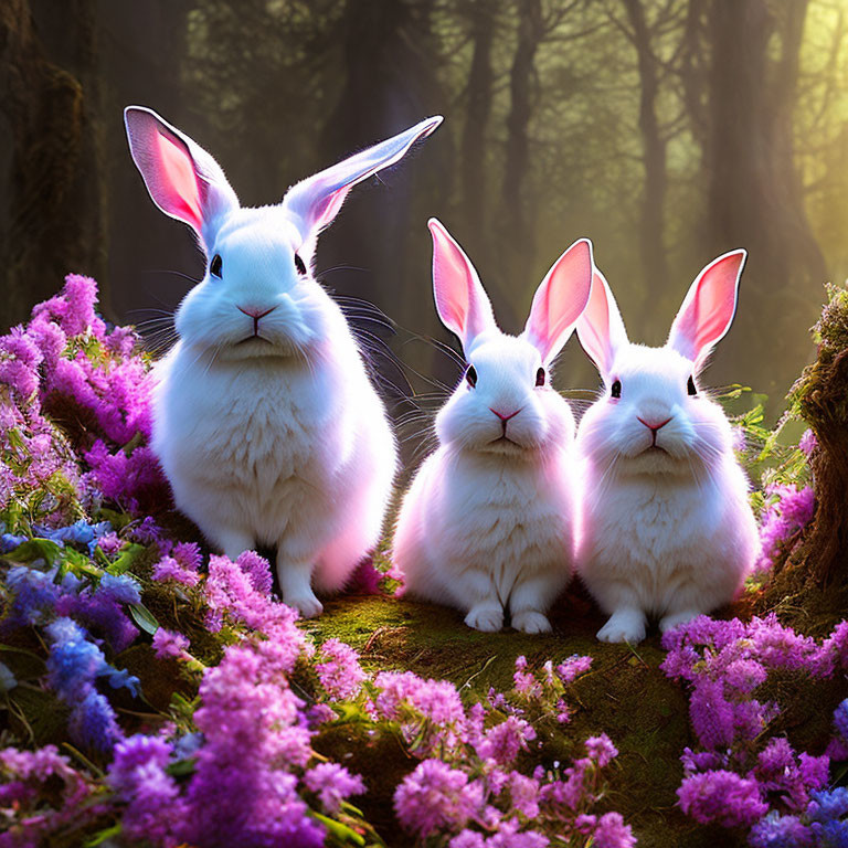 White rabbits with pink glowing ears in mystical forest with purple flowers