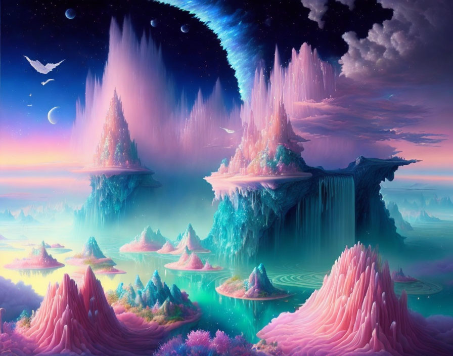 Fantasy landscape with pink and teal hues, waterfalls, floating islands, starry sky, cres