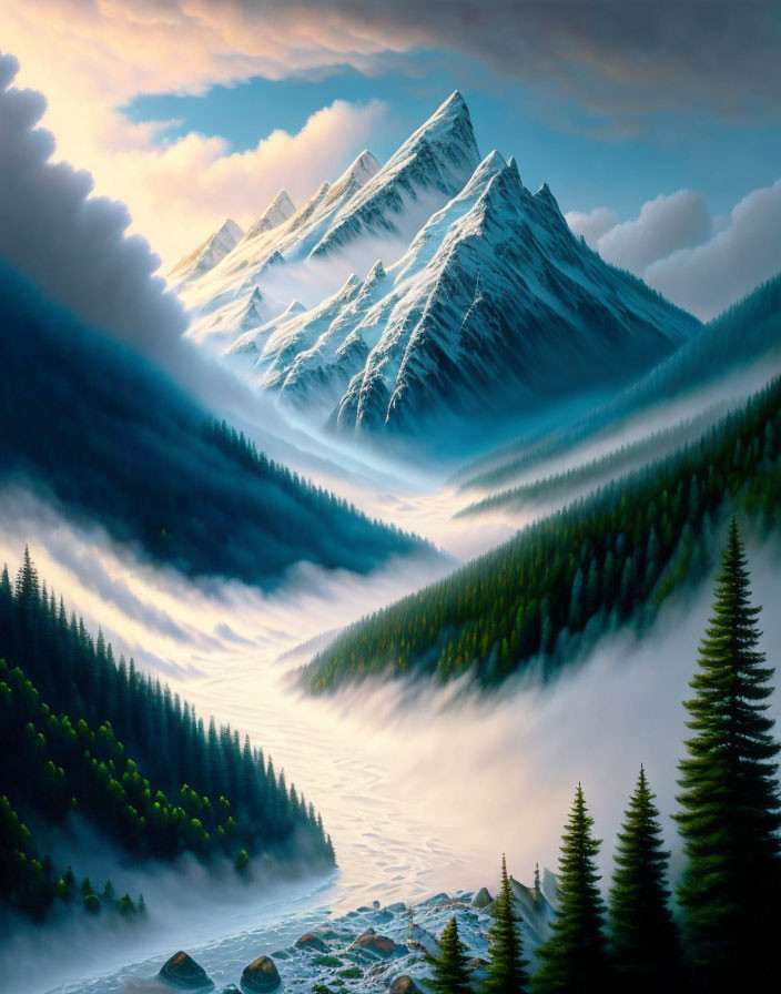 Snow-capped mountains, misty forest, and serene river in landscape.