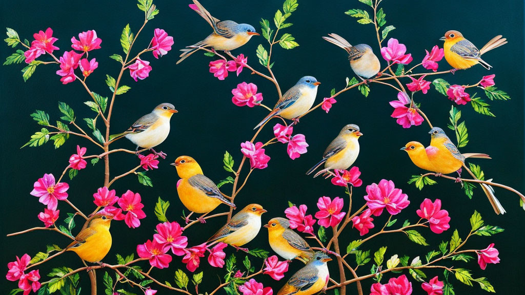 beautiful birds and flowering tree