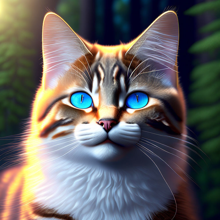 Orange and White Cat with Blue Eyes on Dark Leafy Background