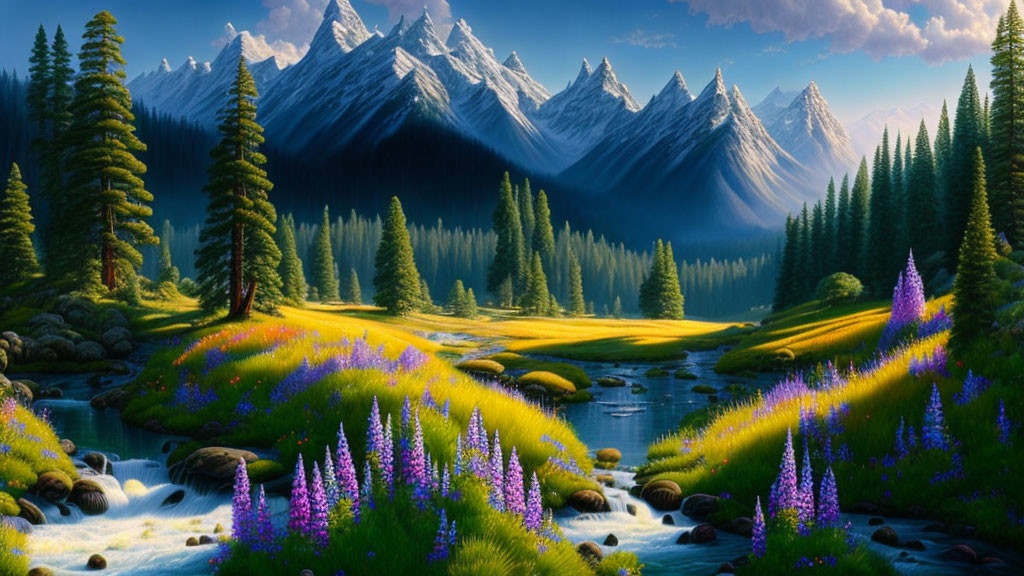 Tranquil River Landscape with Meadows, Trees, and Mountains