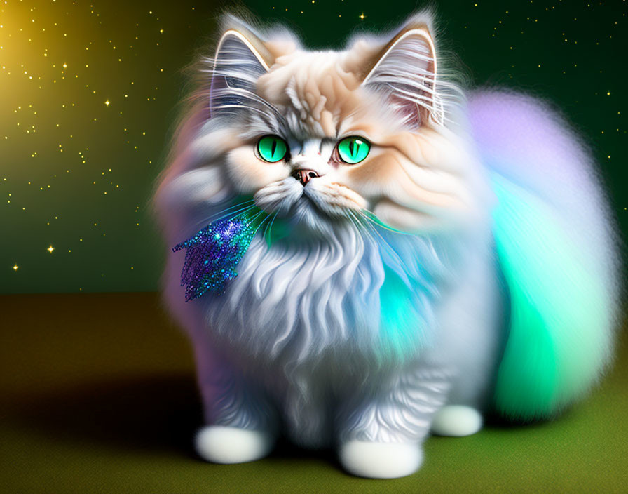 Fluffy Cat with Green Eyes Against Sparkling Green Background