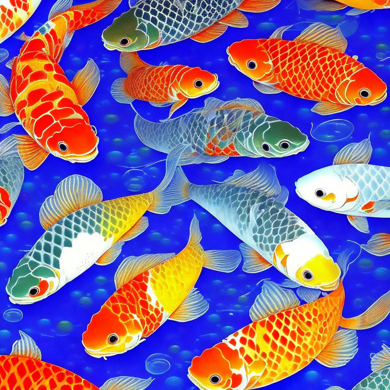 Colorful Koi Fish Swimming in Vibrant Blue Background with Bubble Patterns