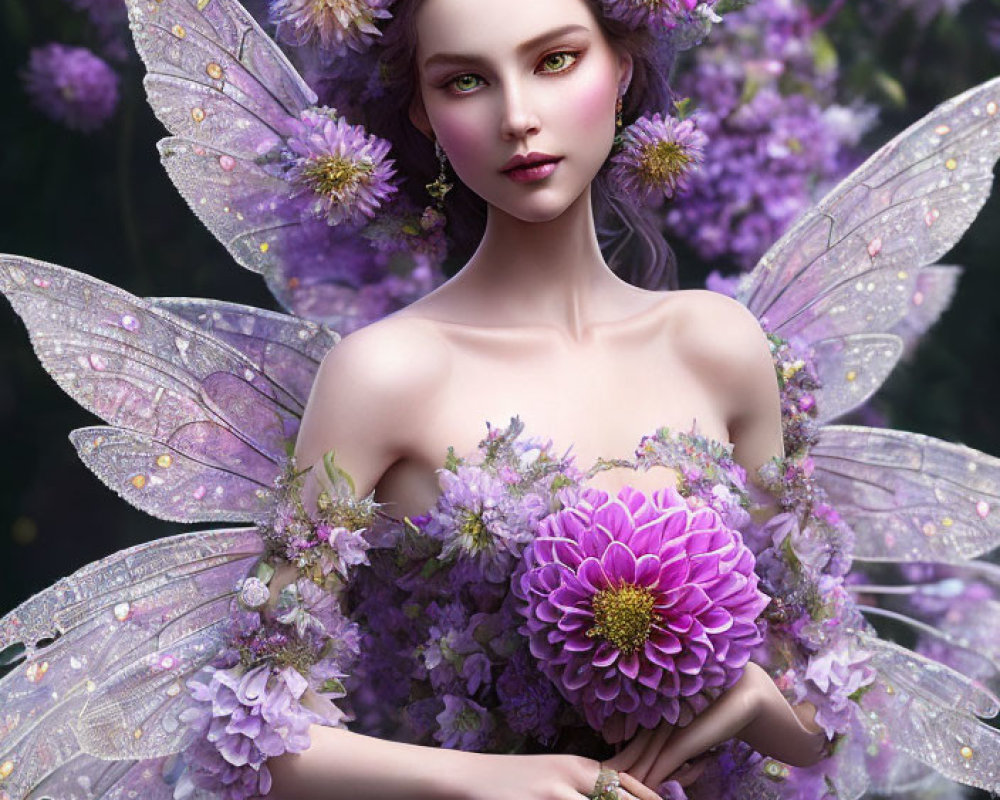 Fantasy portrait: fairy with translucent wings and purple flowers.