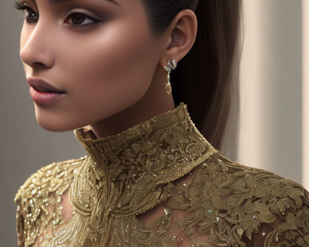 Elegant woman in golden embroidered attire with sleek ponytail