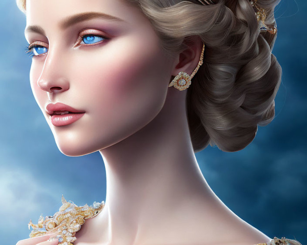 Detailed digital portrait: woman with blue eyes, golden headpiece, earrings, intricate hairstyles, and embroidery